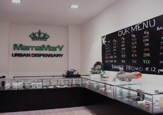 Vista interna di un negozio MamaMary a roma con diversi prodotti CBD
