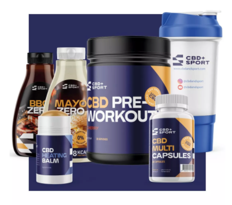Set completo di kit da palestra CBD+Sport che include box proteico, balsamo riscaldante, capsule, bottiglia d'acqua e 2 salse.
